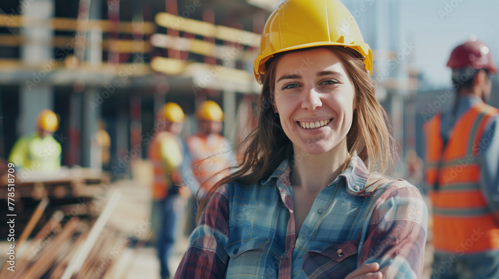 Portrait of a young girl builder in a construction helmet at a construction site. Portrait of a young girl builder in a construction helmet at a construction site.