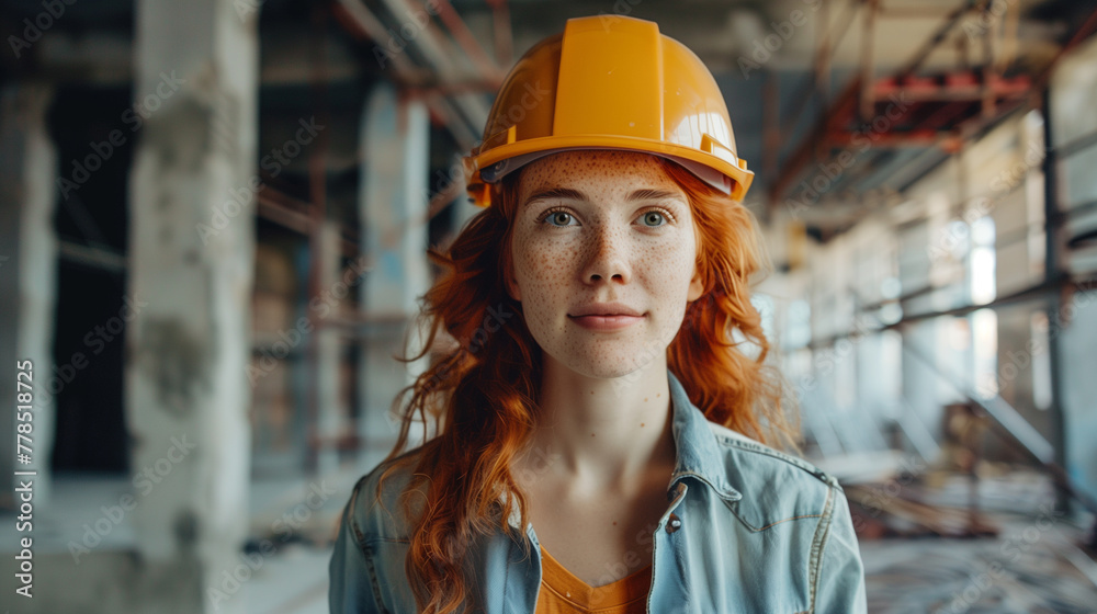 girl engineer in a hard hat looks at the camera. Portrait of a successful girl at a construction site. girl engineer in a hard hat looks at the camera. Portrait of a successful girl at a construction site.