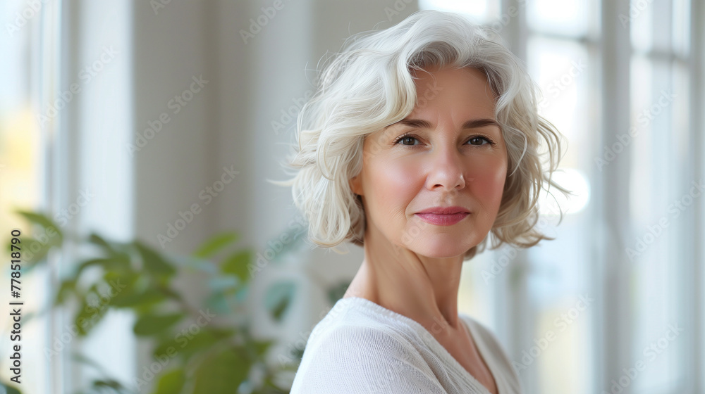 Closeup portrait of gorgeous happy middle aged mature woman, looking at camera. Ads of lifting anti wrinkle skin care treatment. Closeup portrait of gorgeous happy middle aged mature woman, looking at camera. Ads of lifting anti wrinkle skin care treatment.