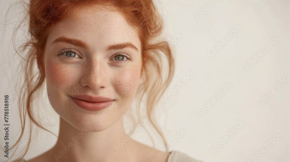 Close-up of a beautiful red-haired girl with freckles looking at the camera on a light background. Close-up of a beautiful red-haired girl with freckles looking at the camera on a light background.