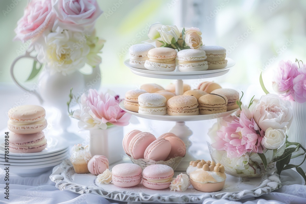 Delicate French pastries such as macarons, madeleines and palmiers are artfully arranged on tiered stands. Delicate French pastries such as macarons, madeleines and palmiers are artfully arranged on tiered stands.