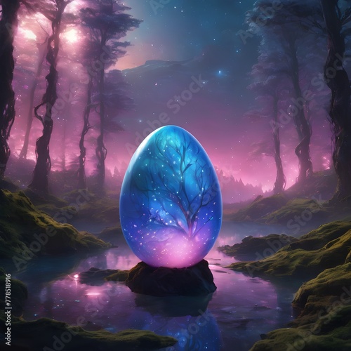 a pink egg with a purple egg in the middle of the forest. photo