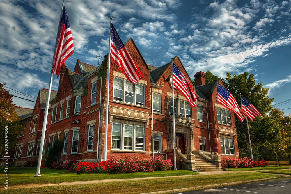A classic red brick school building adorned with American flags, preparing for a national holiday celebration.