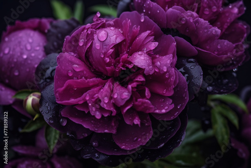 Cluster of purple flowers adorned with water droplets