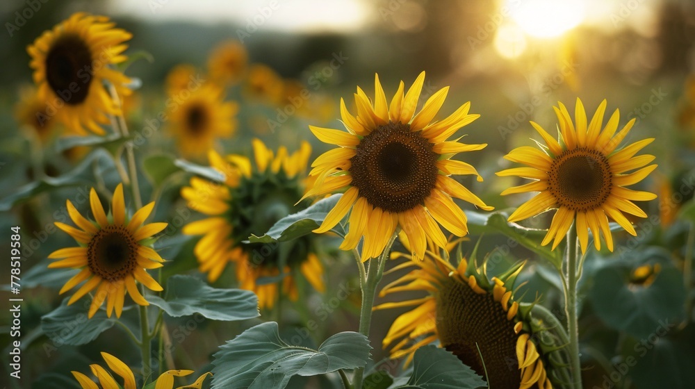 Sunflower growing field at sunset