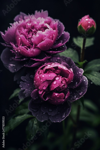 Two purple flowers with water droplets