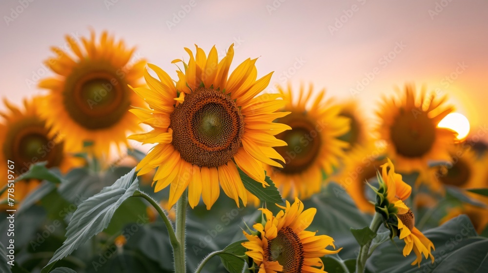 Sunflower growing field at sunset