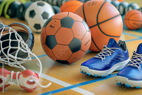 A dynamic, sports-themed school flyer background with various sports equipment like a basketball, soccer ball, and running shoes, arranged on a gym floor.