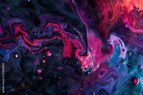 Explosive liquid color motion captured, swirling paint drops on black, abstract