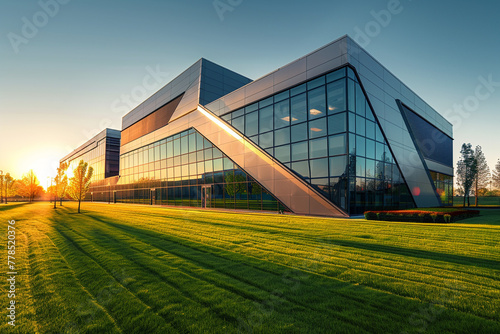 A modern school building exterior at sunrise, with the sun casting a warm glow on the sleek, geometric architecture, surrounded by freshly mowed lawns. photo