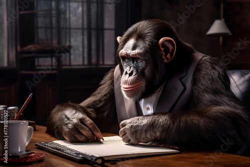 A monkey dressed like a businessman and sitting at the table