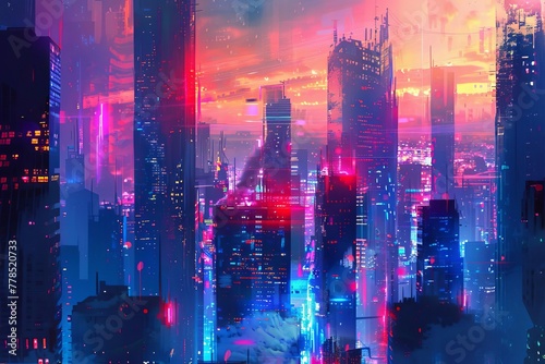 Futuristic Neon-Lit Cyberpunk Cityscape with Towering Skyscrapers, Digital Painting