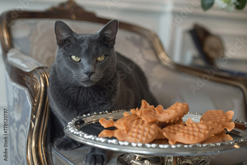 A regal Russian Blue cat elegantly perched next to a silver platter of gourmet fish-shaped cat treats, in a setting that exudes luxury and sophistication. © Ibad