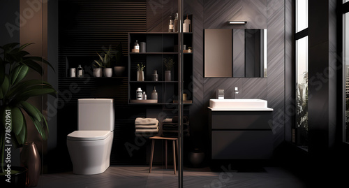 A dark bathroom with an elegant black toilet