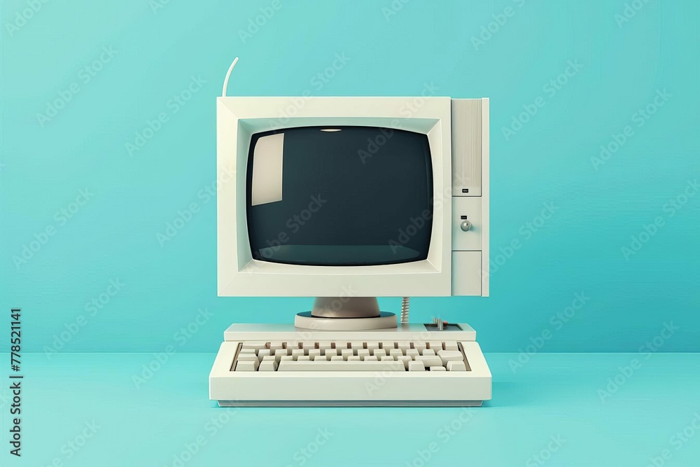 Vintage Computer on Bright Blue Background, Retro Technology Concept, 3D Illustration - obrazy, fototapety, plakaty 
