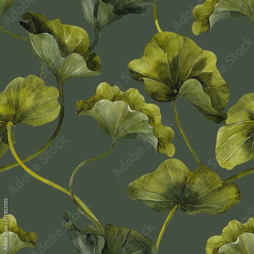 Seamless pattern with watercolor hand draw lotus leaves and flowers, isolated on colored background. Botanical illustration
