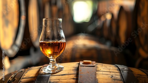 A glass of wine on a barrel in a winery. © Annie