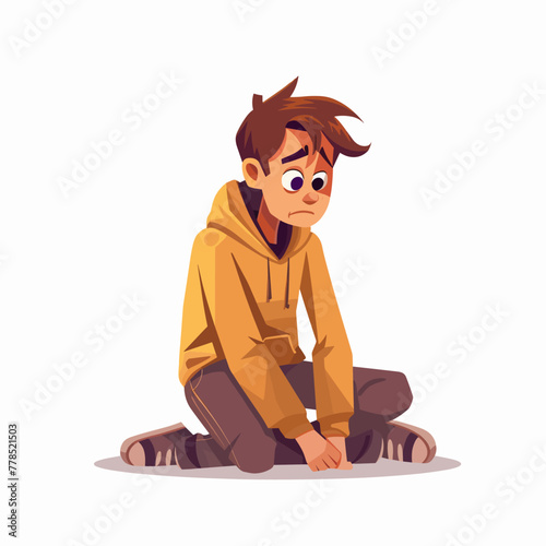 Sad young man sitting on chair. Vector illustration in cartoon style.