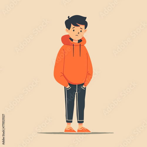 Young boy in a black hooded sweatshirt. Vector illustration.
