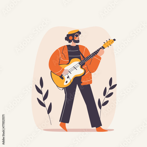 Young man playing on electric guitar. Flat vector illustration. Music concept.