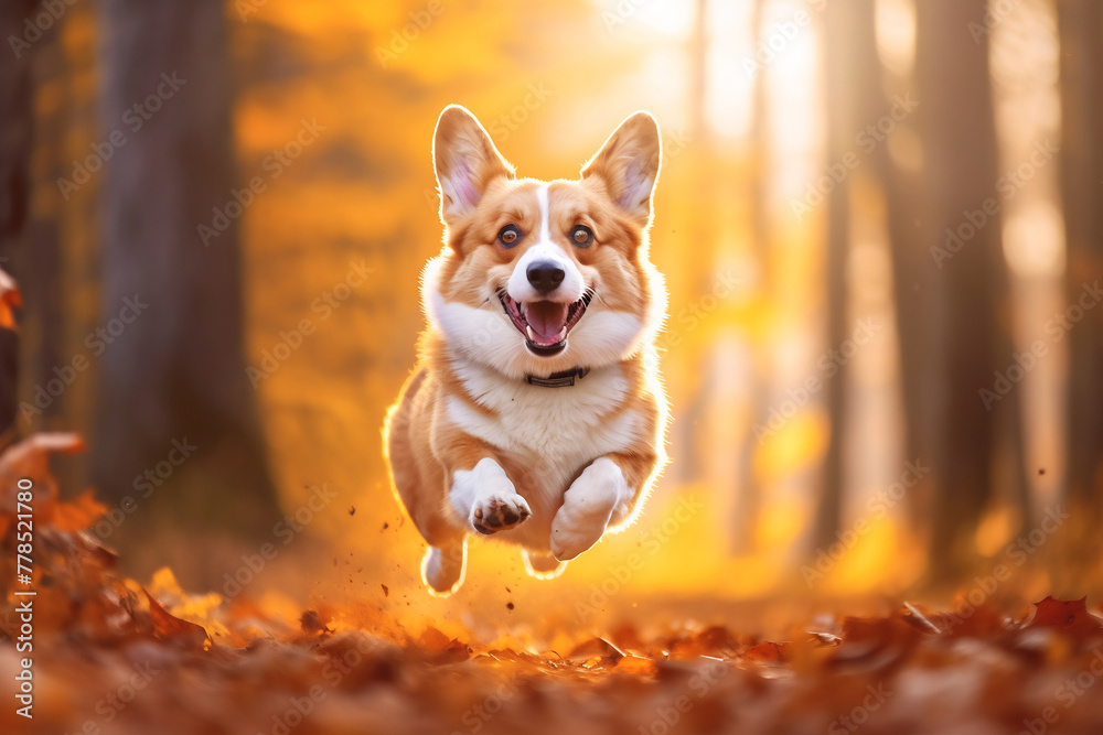 Active healthy Corgi dog running with open mouth sticking out tongue in the forest on autumn - obrazy, fototapety, plakaty 