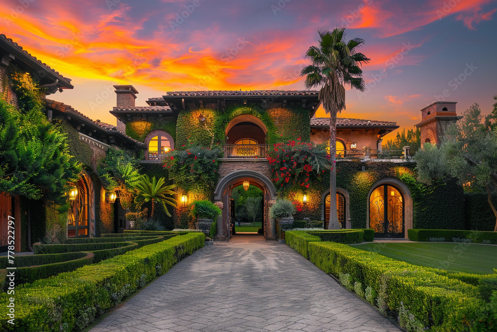 Grandiose new home exterior with vibrant greenery, detailed path leading to an extravagant entrance, in the warmth of sunset.