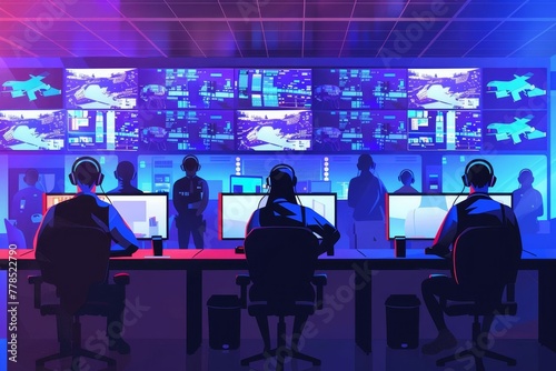 Emergency call center with security guards and police officers monitoring video walls, 911 operators wearing headsets, law enforcement concept illustration