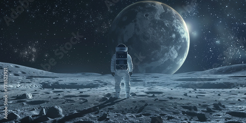 Astronaut space man standing on moon looking at global earth in space with starry sky, earth planet, and backpack and helmet.