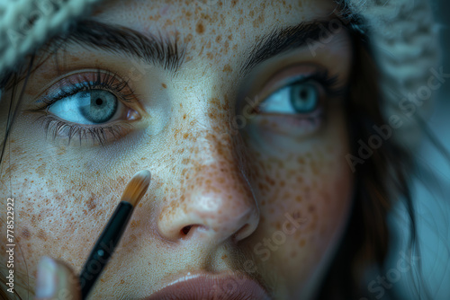 A woman with acne scars carefully applies layers of makeup, concealing her blemishes and hiding her insecurities about her complexion. Concept of skincare struggles and self-esteem. Generative Ai.