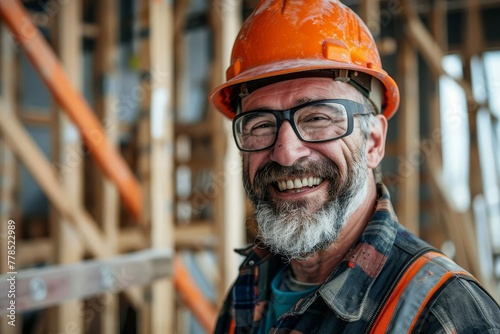 Smiling construction worker in hard hat at building site, positive attitude and job satisfaction, portrait photography