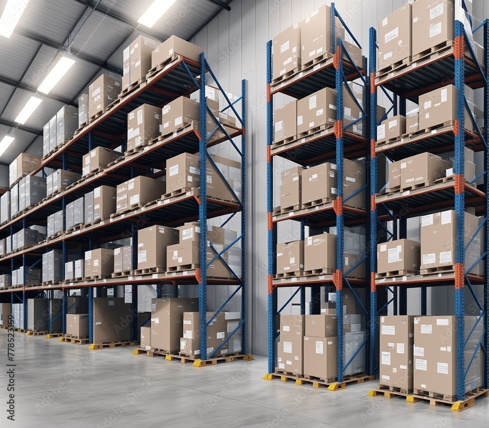 A large warehouse with rows of shelves filled with boxes and crates.
