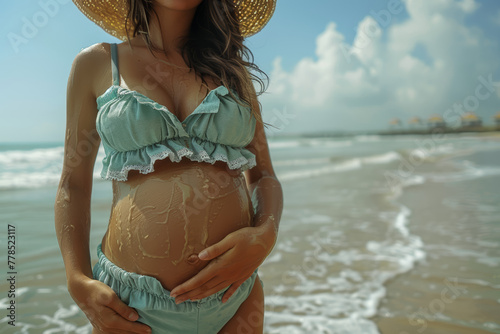 A woman with stretch marks hides her body at the beach, feeling self-conscious about the changes her body has undergone after pregnancy. Concept of postpartum body image struggles. Generative Ai. photo