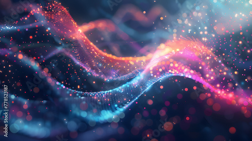 Abstract futuristic background with glowing particles and neurons, colorful and vibrant colors. Abstract wallpaper of microscopic organic structures or DNA helix for medical science concepts