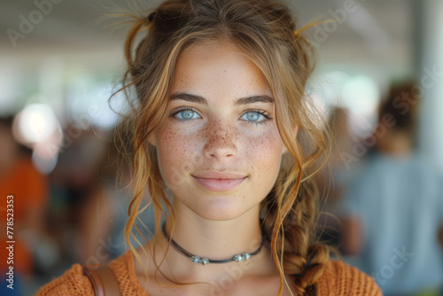 A teenager with braces refuses to smile in photos, feeling self-conscious about her metallic smile and fearing judgment from peers. Concept of orthodontic treatment and self-esteem. Generative Ai.