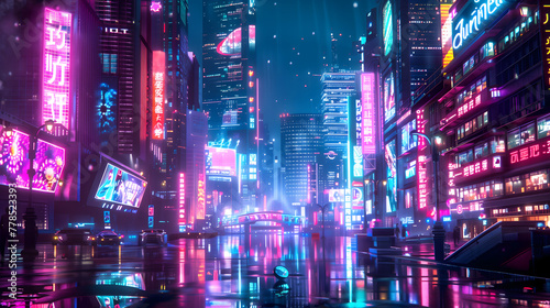  A futuristic cityscape at night  neon lights reflecting on the wet pavement  skyscrapers towering above with holographic billboards displaying colorful propaganda animations  cyberpunk aesthetic