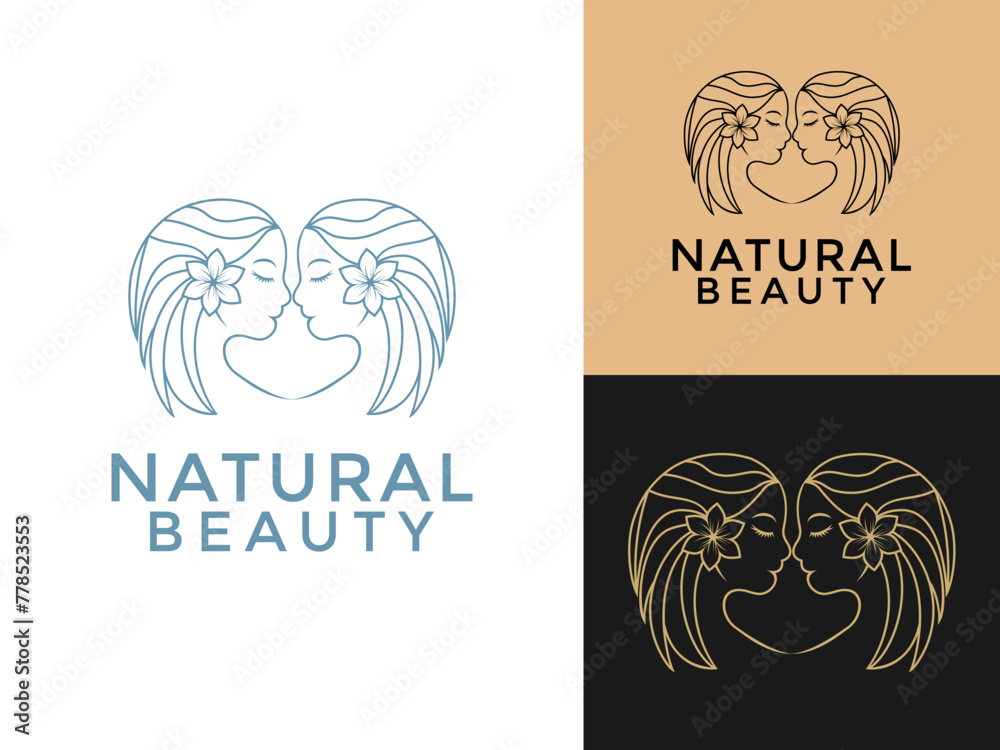 Women Beauty with Flower logo design, Line art natural beauty women face and hair logo vector template