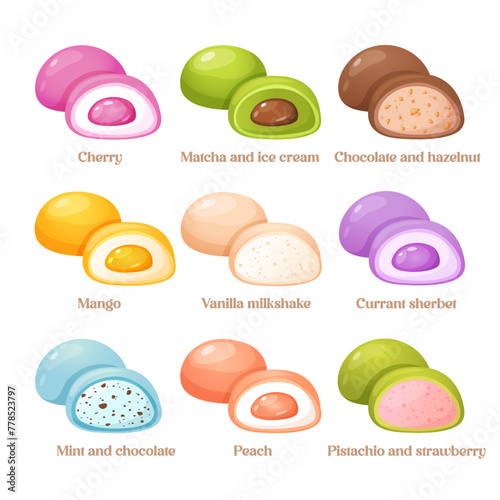 Vector mochi dessert with different flavors. 