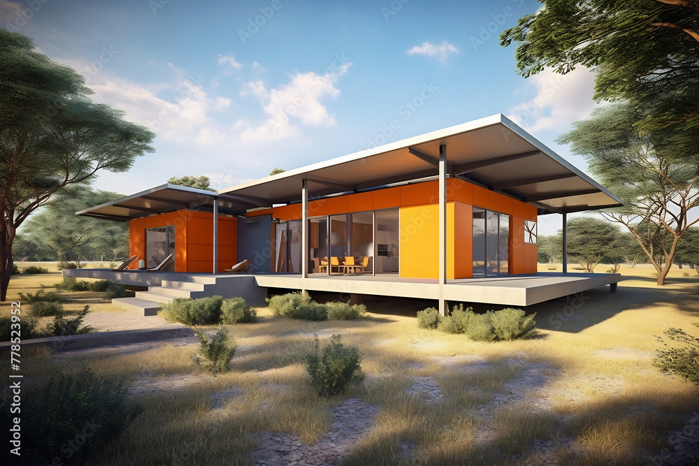 Modern cube orange house in summer with blue sky