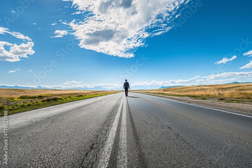 A lone man walks down the center of a deserted highway stretching towards the horizon under a vast sky. Man Walking Alone on an Empty Highway