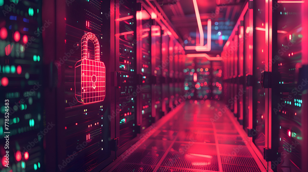 High-tech data center with a glowing digital padlock and rows of server racks