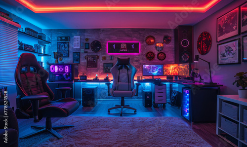 Beautiful interior photo of a PC gaming desk setup with luxury details and RGB-lighting.