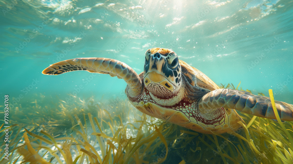 Obraz premium A turtle is swimming in the ocean with its head above the water