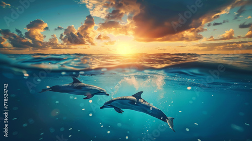 Delphine und bunte Fische  Unterwasser in der goldenen Stunde
