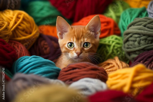 Red cat hiding in multicolored balls yarn balls. Little curious kitten looking at the camera © Canvas Alchemy