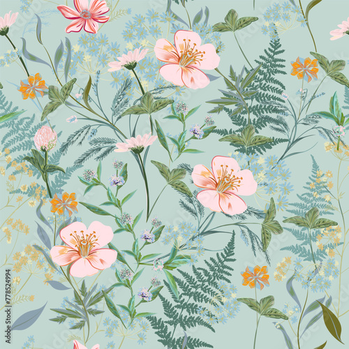 Fashion vector hand drawn pattern with pastel pink flowers on light green background