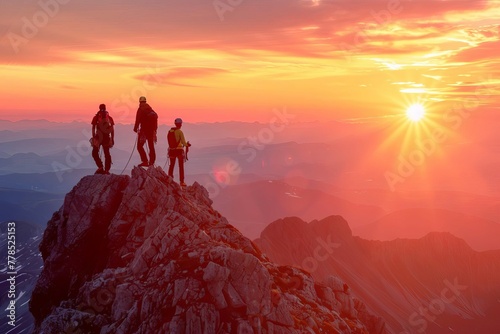 Climbers team on mountain top at sunset, adventure and achievement concept
