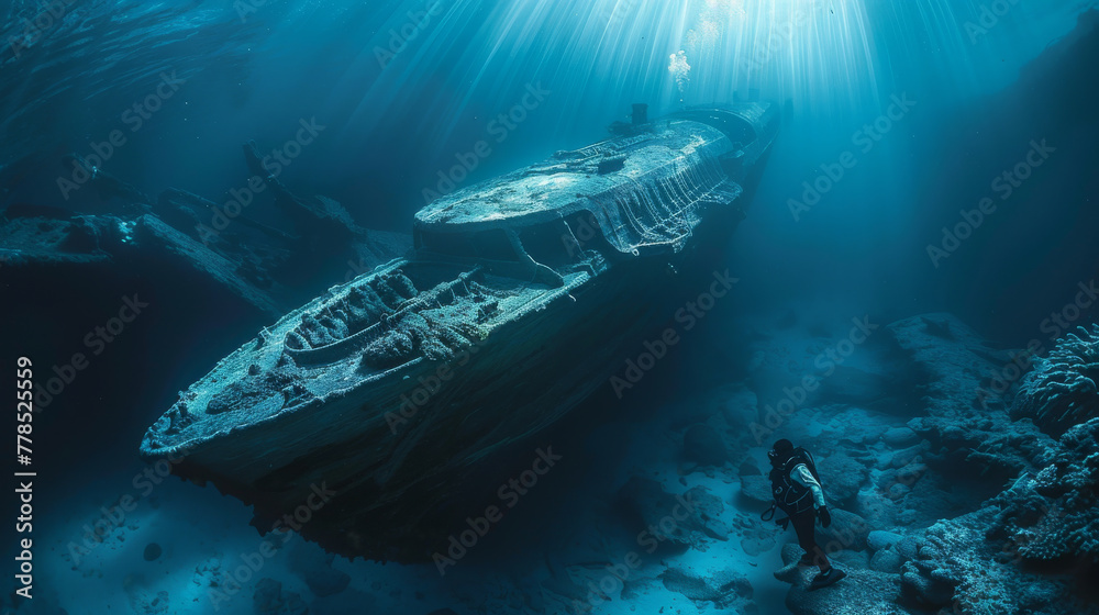 A man is diving in the ocean and is looking at a shipwreck A man is diving in the ocean and is looking at a shipwreck