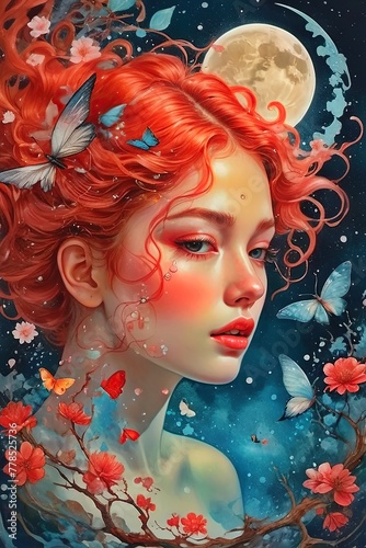 a red-haired woman surrounded by butterflies and flowers, with a full moon in the background.