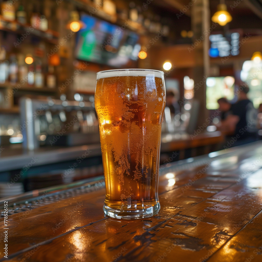 Chilled Beer Glass on Wooden Bar Counter with Blurred Background Chilled Beer Glass on Wooden Bar Counter with Blurred Background