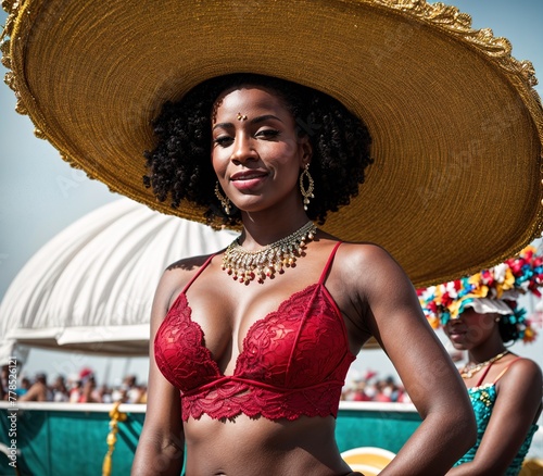 A woman wearing a pink bikini top and a wide-brimmed hat, standing in front of a colorful background. photo